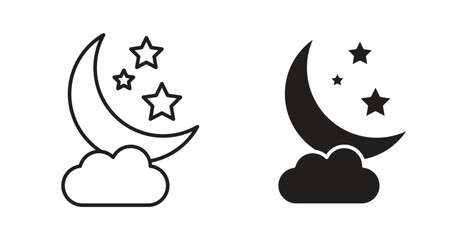 Cloud moon icon glyph and line set thin line symbol concept.