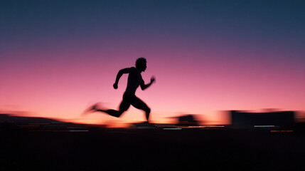Silhouette runner sunset speed motion athletic sprinting energy dusk sky horizon city blur