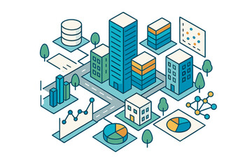 Obraz premium Modern isometric city map showing buildings, data analysis charts, and network connections