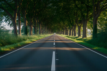 Empty tree lined road stretching into the distance with sunlight