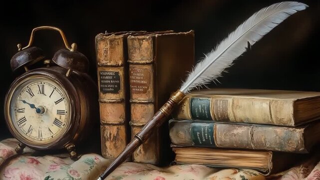 Captivating still life with vintage clock, books, and quill set against soft fabric backdrop