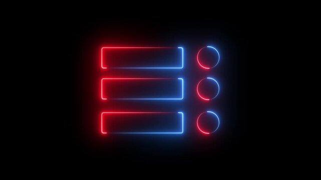 Glowing neon line Restaurant Cafe menu icon. Glowing rectangle and circle frame repeating animation. Neon menu button icon animation with pink and cyan color.
