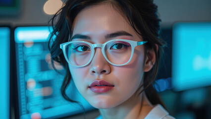 Focused young woman with glasses sits front of computer screens, showcasing tech savvy environment. Her expression conveys determination
