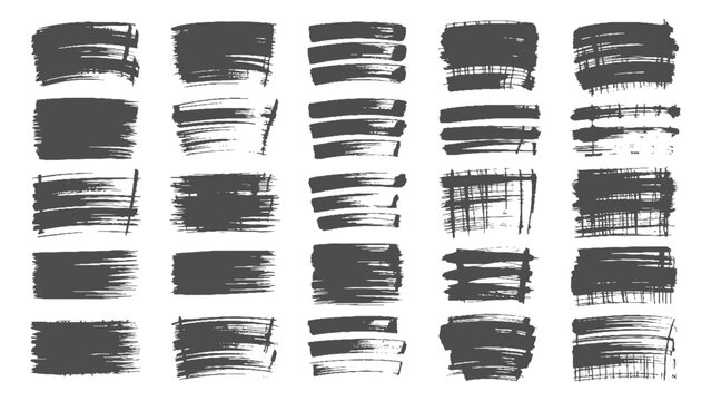 Collection of varied black ink brush strokes and splatters ,Set of thick dried brush strokes, grunge acrylic textures, stencil silhouettes,  Abstract black ink grungy lines, borders, underline