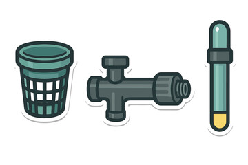 Hydroponic system components including net pot, pipe fitting, and nutrient testing probe icons