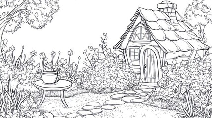 Fototapeta premium Cottage garden tea party coloring page