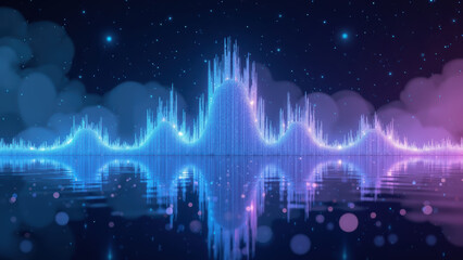 Digital sound wave visualization colorful audio spectrum abstract background vibrant colors reflection water night sky glowing peaks modern design
