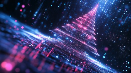 Fototapeta premium Stunning digital Christmas tree sparkles with vibrant pink and blue lights against a dark, abstract bokeh background, perfect for holiday celebrations.