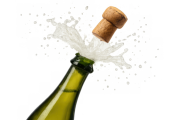 Champagne bottle popping, cork flying off, sparkling wine splashing in a festive celebration moment, transparent background