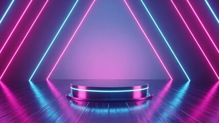 3D Rendering of an Empty Stage with Neon Glowing Lines for Product Presentation.