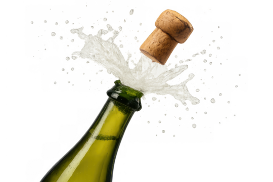 Champagne bottle popping, cork flying off, sparkling wine splashing in a festive celebration moment, transparent background