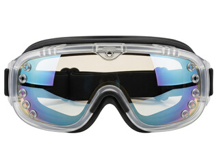 Winter sport goggles with a reflective mirror lens and clear frame on a transparent background