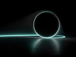 Glowing neon ring on dark reflective surface with soft luminous halo orb and teal light trail creating futuristic minimal atmosphere