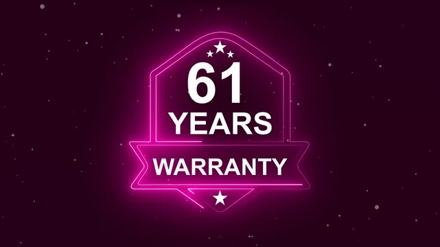 61 years warranty quality assurance concept on the transparent background. Neon Warranty shield Animation. Motion graphics of product guaranteed animated. Hundred percent authentic product.
