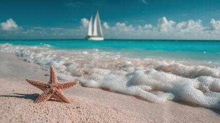 Starfish on soft sandy shore with gentle turquoise waves and distant sailboat under sunny sky, tranquil seaside scene with warm light and foamy surf