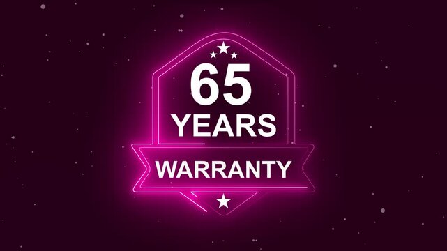 65 years warranty quality assurance concept on the transparent background. Neon Warranty shield Animation. Motion graphics of product guaranteed animated. Hundred percent authentic product.