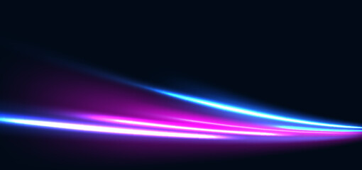 Blue and pink curved neon beams on dark blue background. Technology light concept.