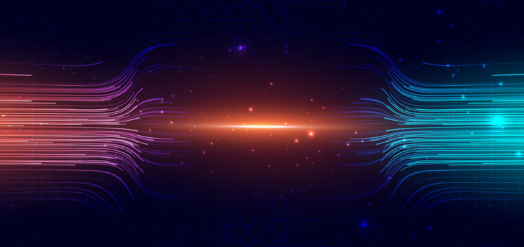 Technology futuristic horizontal lines network connection speed blue and pink on dark background.