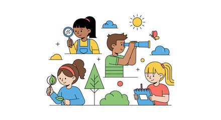 Diverse Children Exploring with Magnifying Glasses and Telescope.