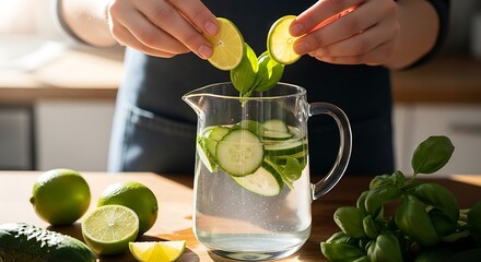 Woman Making Detox Water with Lime, Cucumber, and Basil in Pitcher (AI Generative)