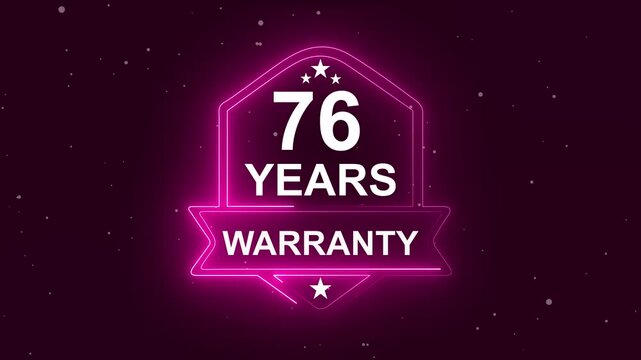 76 years warranty quality assurance concept on the transparent background. Neon Warranty shield Animation. Motion graphics of product guaranteed animated. Hundred percent authentic product.