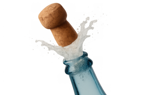 Champagne cork popping from bottle with splashing beverage, celebrating festive moments and success on transparent background