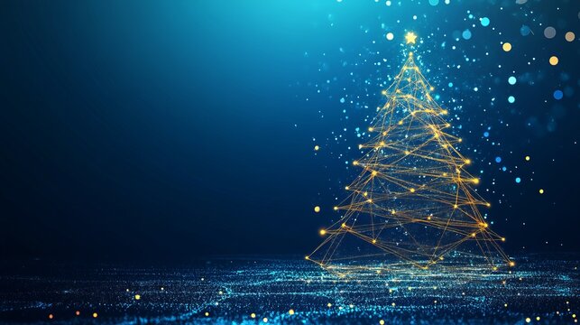 Stunning abstract digital Christmas tree crafted from glowing golden light particles and geometric lines against a deep blue bokeh background, evoking festive wonder and modern celebration.