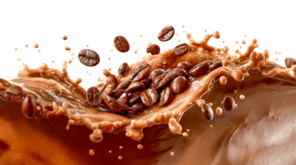 Coffee splash ribbon shape beans floating brown liquid swirl motion dynamic coffee splash ribbon shape with beans floating around, rich brown liquid swirl and motion, energetic, isolated