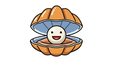 Cute cartoon clam shell with happy smiling pearl inside.