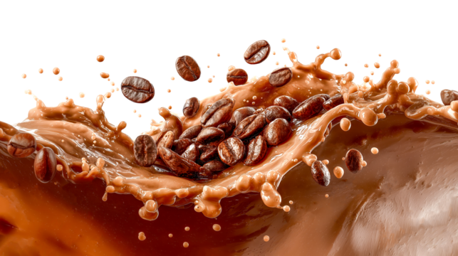 Coffee splash ribbon shape beans floating brown liquid swirl motion dynamic coffee splash ribbon shape with beans floating around, rich brown liquid swirl and motion, energetic, isolated