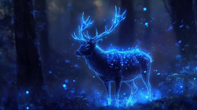 Enchanting luminous stag emerges from mystical forest glow, radiating magical blue light and ethereal sparkles in a dreamlike, surreal woodland scene