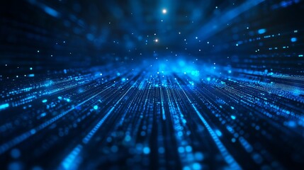 Immersive digital data stream, glowing blue particles flow through cyberspace creating a futuristic, abstract network of information and connectivity