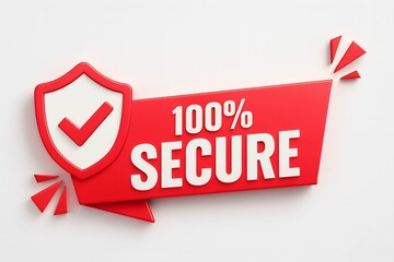 Red banner with white text stating 100 secure and a shield icon with a red checkmark symbolizing safety and protection