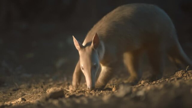 Aardvark foraging in natural habitat illuminated by soft sunlight