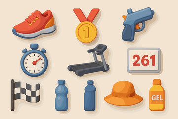 A set of 3d icons related to sports and running. All items are designed in bright colors with a soft, illustrative design.