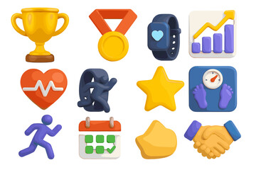 A set of icons related to health, fitness, and achievement themes. All icons are brightly colored with a soft, illustrative design.