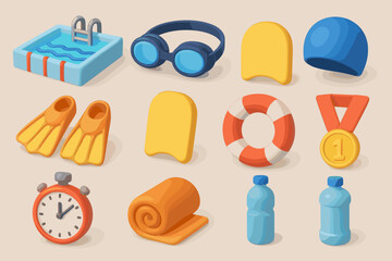 A set of 3d icons related to swimming and water sports. All items are rendered in bright colors with a soft, illustrative design.