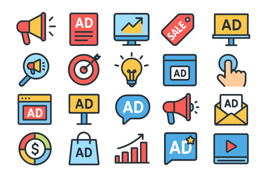 A set of icons related to advertising and marketing. All icons are brightly colored with a flat design.