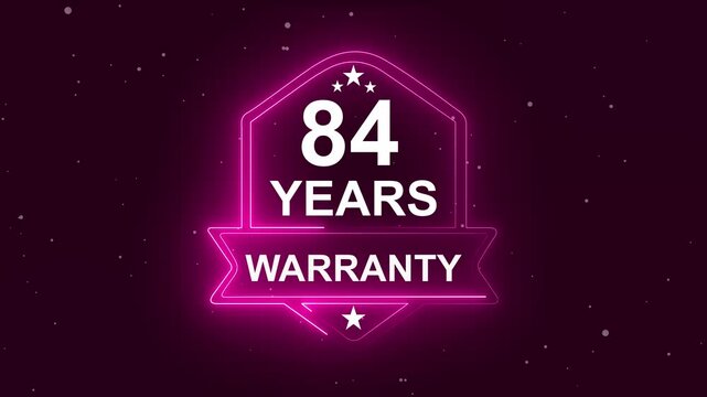 84 years warranty quality assurance concept on the transparent background. Neon Warranty shield Animation. Motion graphics of product guaranteed animated. 