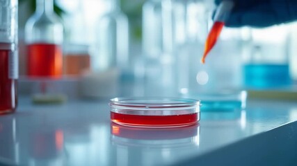 A gloved hand uses a pipette to dispense red liquid into a petri dish in a scientific laboratory 
 - Powered by Adobe