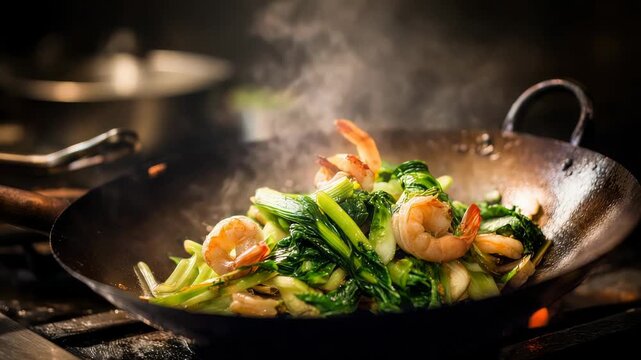Hot Wok Cooking Shrimp and Bok Choy with Steaming Smoke and Bright Orange Flames Below in a Dark Kitchen