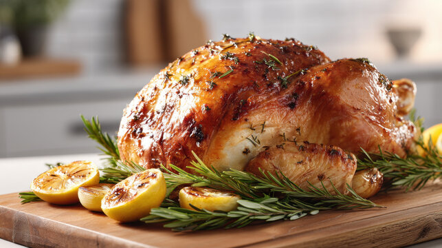 Roast chicken with golden brown skin, herb and lemon garnish on wooden board, close up food photography showing juicy roasted poultry and fresh rosemary aroma