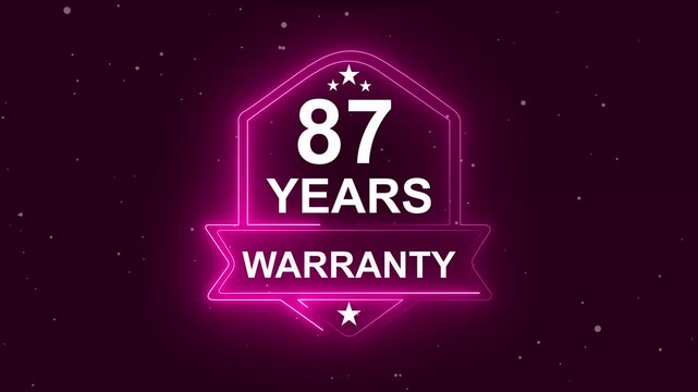 87 years warranty quality assurance concept on the transparent background. Neon Warranty shield Animation. Motion graphics of product guaranteed animated. Hundred percent authentic product.