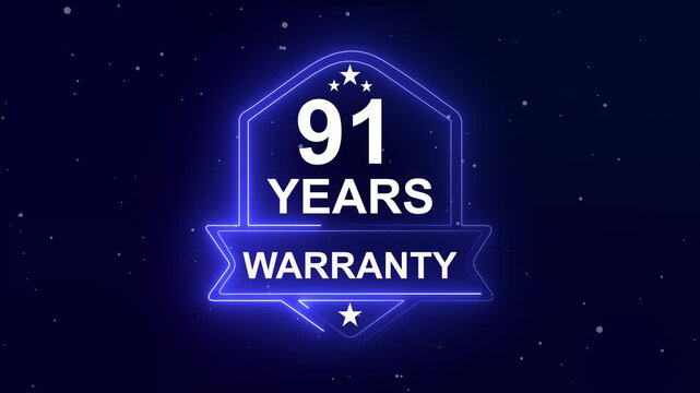 91 years warranty quality assurance concept on the transparent background. Neon Warranty shield Animation. Motion graphics of product guaranteed animated. Hundred percent authentic product.