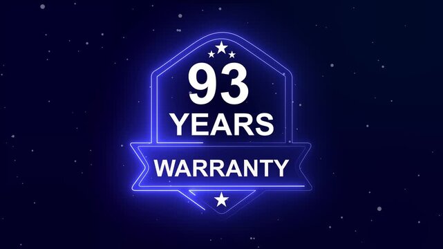 93 years warranty quality assurance concept on the transparent background. Neon Warranty shield Animation. Motion graphics of product guaranteed animated. Hundred percent authentic product.