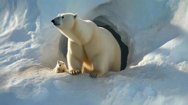 Mother Polar Bear and Cub Emerge from Snowy Den in Arctic Landscape