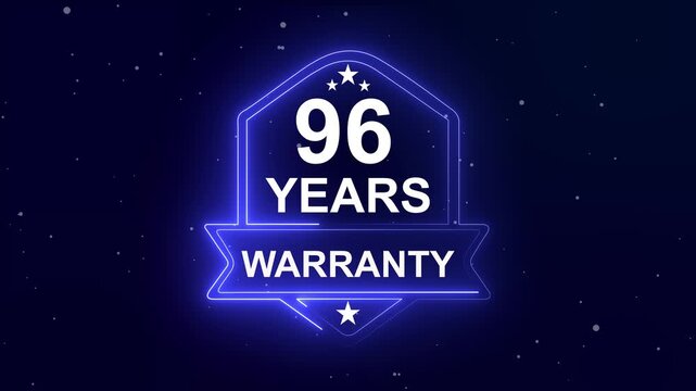 96 years warranty quality assurance concept on the transparent background. Neon Warranty shield Animation. Motion graphics of product guaranteed animated. Hundred percent authentic product.