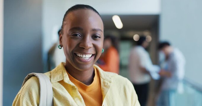 Happy woman, face or internship with creative junior team for learning program in workplace. Portrait, female person or candidate with smile for job, career development or company skill set in office