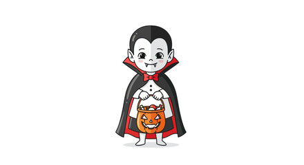 Adorable Cartoon Vampire Character with Halloween Costume and Pumpkin Treat Bag.