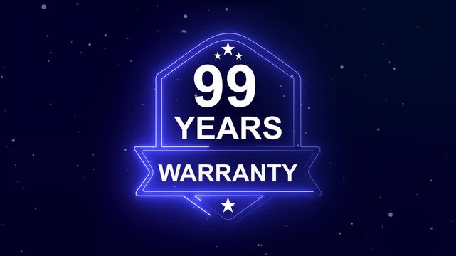 99 years warranty quality assurance concept on the transparent background. Neon Warranty shield Animation. Motion graphics of product guaranteed animated. Hundred percent authentic product.